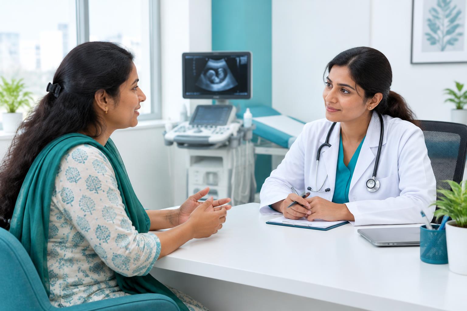 Illustrative doctor listening to a patient in a bright clinical consultation room